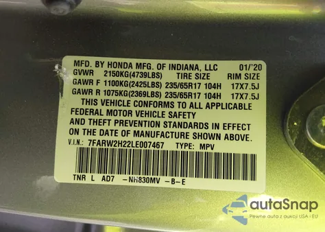 2020 Honda Cr-V Awd Lx z USA, uszkodzony, nr VIN 7FARW2H22LE007467